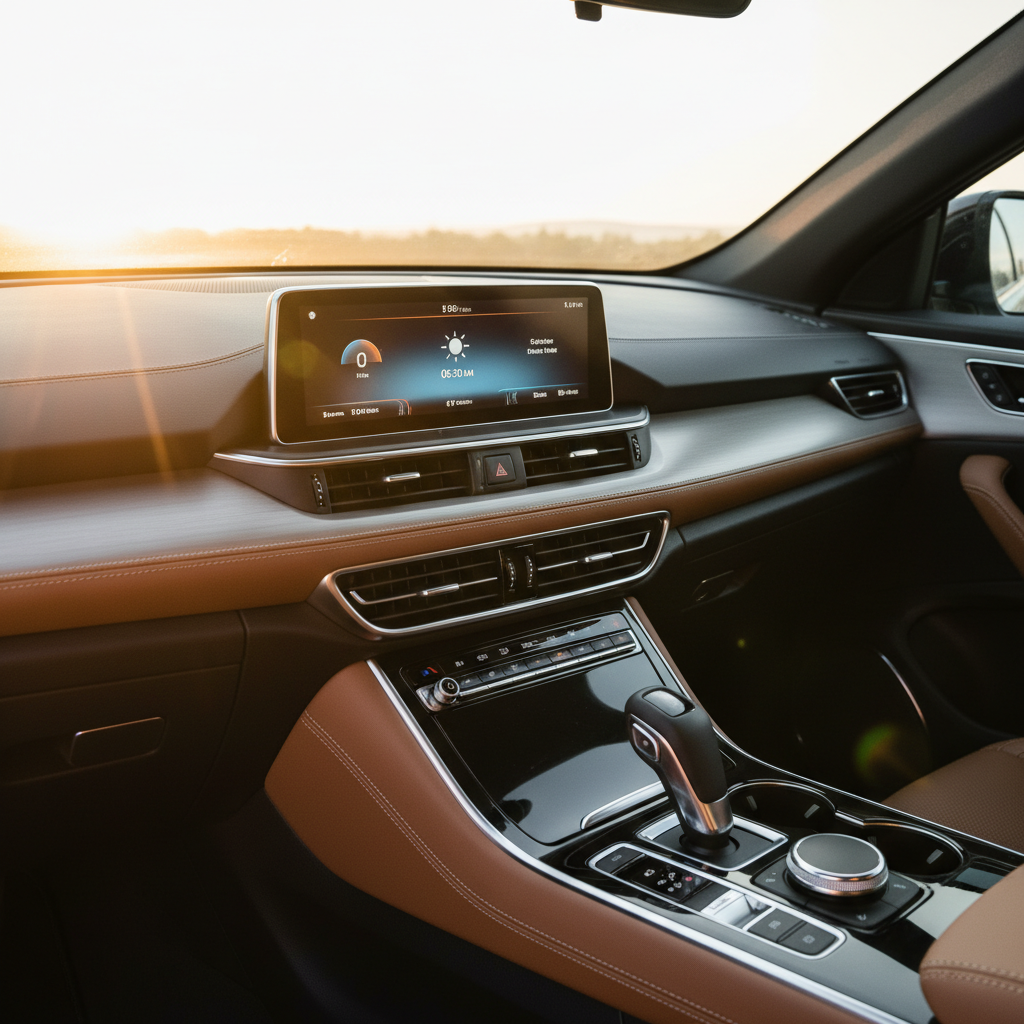 A close-up shot of a modern car dashboard during sunrise, with soft golden sunlight streaming through the windshield, creating a gentle lens flare and highlighting the texture of the leather and digital displays, ultra-realistic, 8k resolution.