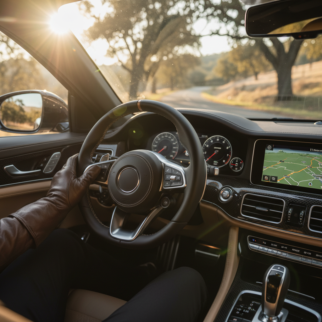 Interior perspective from the driver's seat, showing a hand on a premium steering wheel with warm sunlight filtering through the side window, creating a cozy and peaceful travel atmosphere, high-quality depth of field.