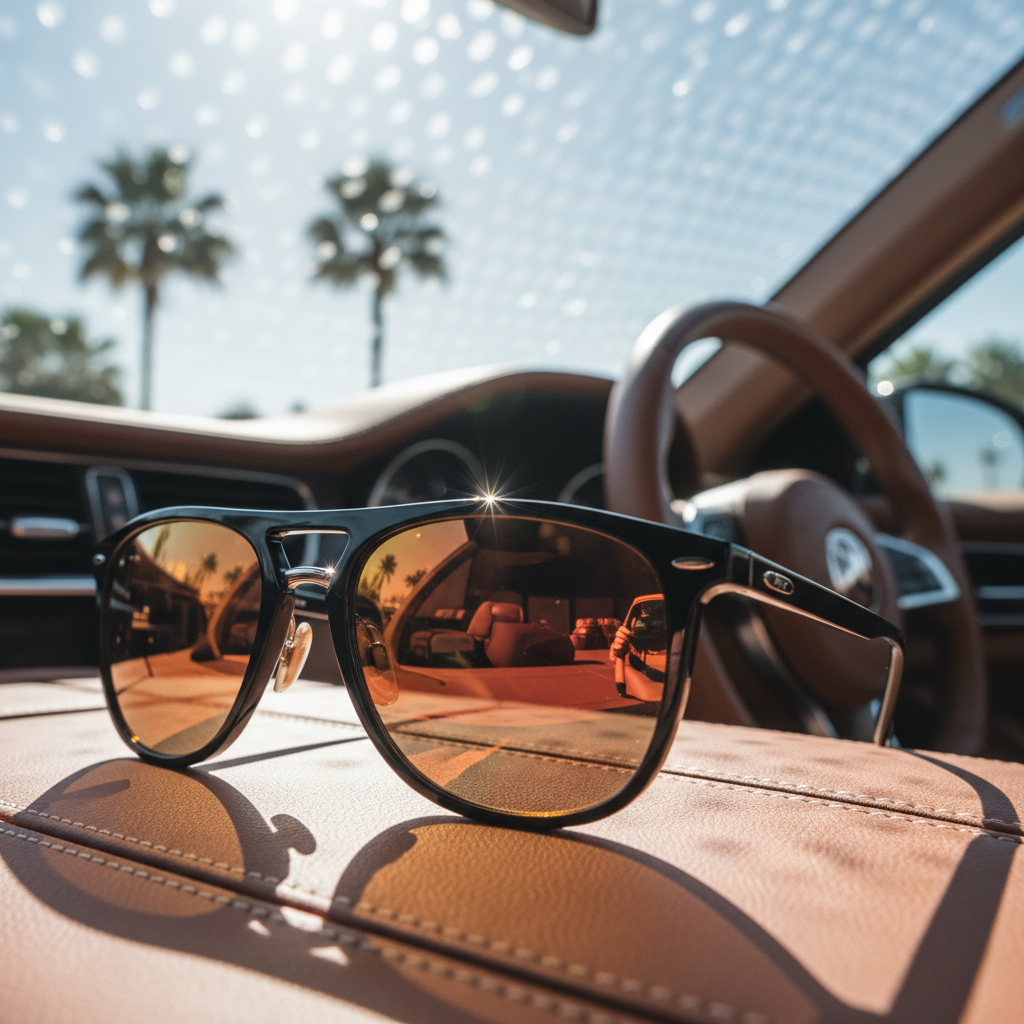 Close-up of a pair of high-end sunglasses resting on a leather car dashboard, with bright sunlight reflecting off the lenses and the windshield, clear summer vibe, sharp focus, lifestyle photography.
