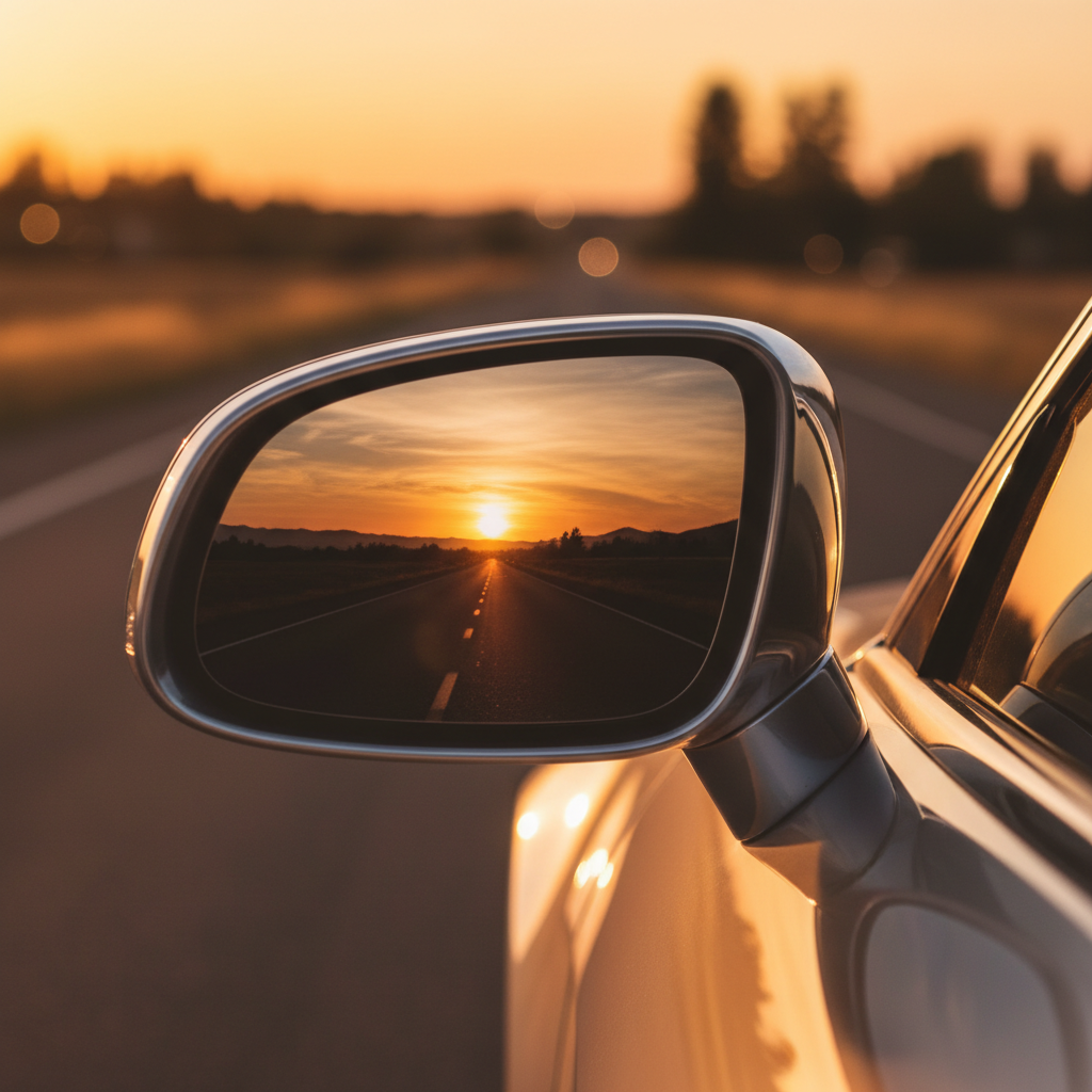 A detailed shot of a car's side mirror reflecting a brilliant sunset over a straight open road, golden tones, soft bokeh background, capturing the essence of a tranquil road trip.