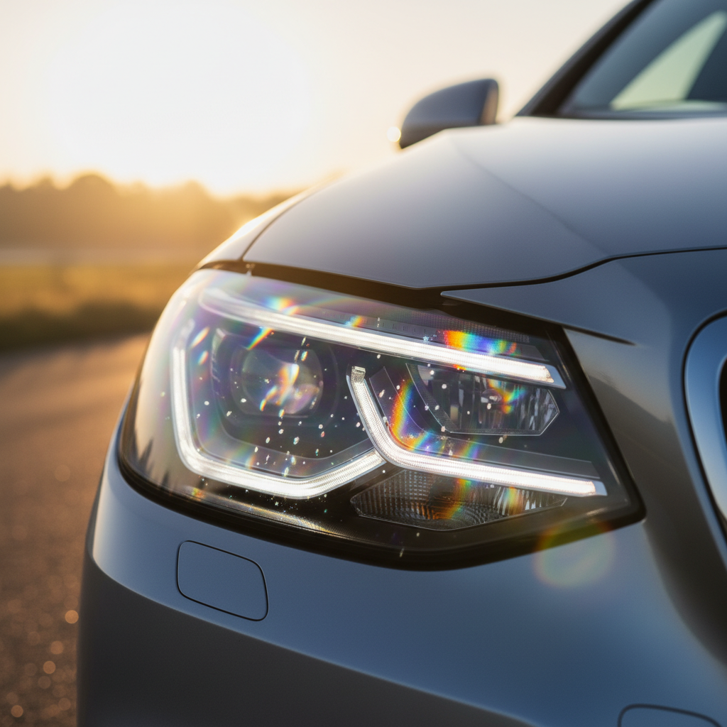 An elegant close-up of a car's LED headlight with morning sunlight hitting the glass, creating a prism effect and sparkling reflections, macro photography, high-tech aesthetic, clean composition.